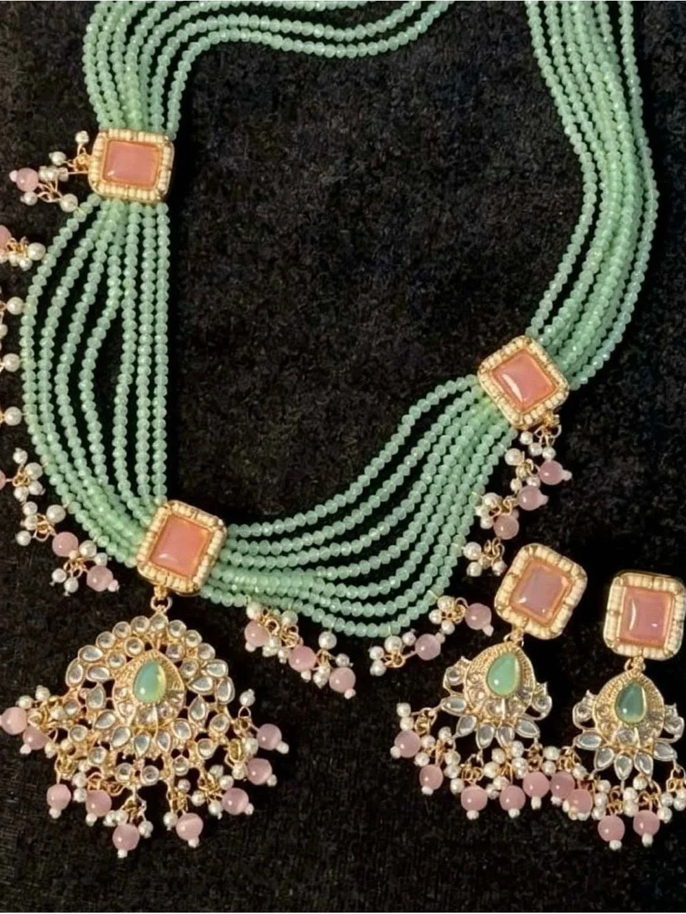 Gold-Tone Mint and Pink Multi-Strand Statement Necklace with Matching Earrings